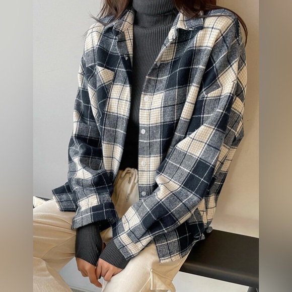 Tops - Plaid Button-Up Shirt - Black and Cream